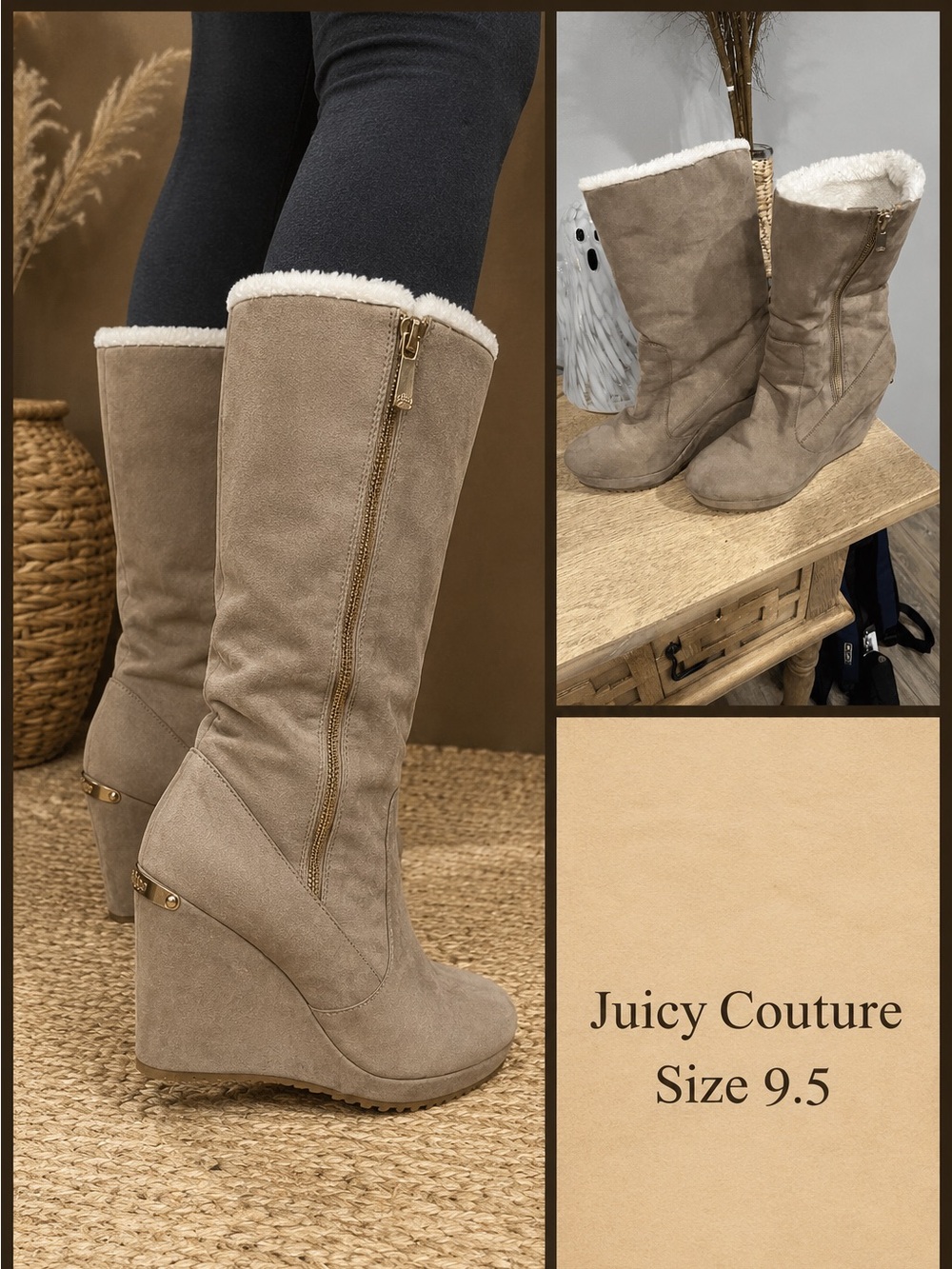 Juicy Couture Taupe Suede Wedge Boots with White Shearling Trim